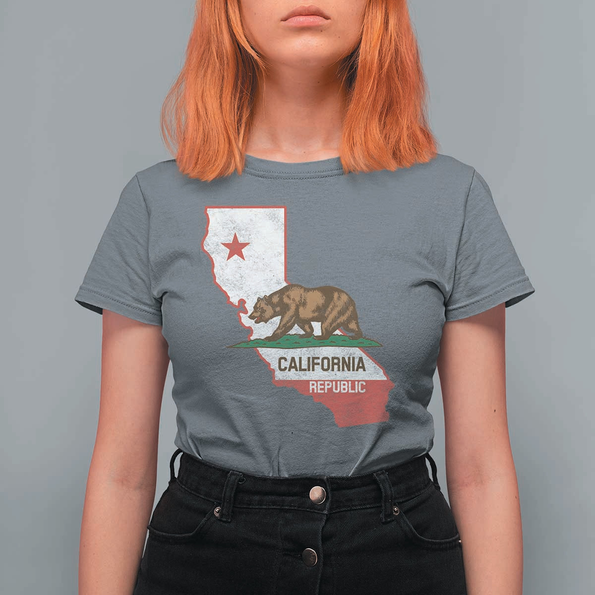 California Republic Cali Map Flag Distressed Style T Shirt For Women