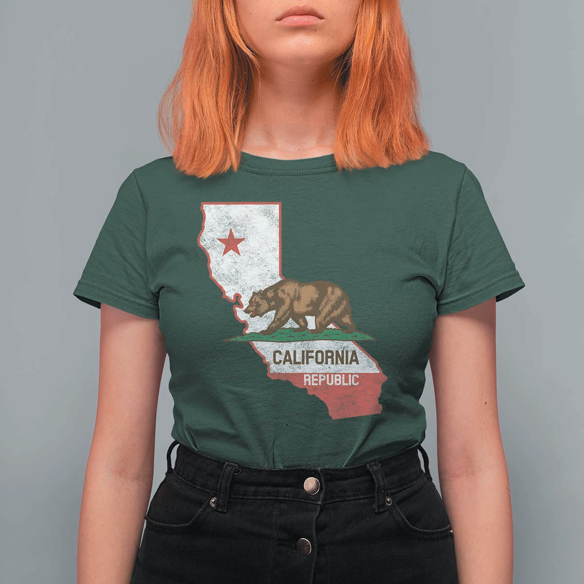 California Republic Cali Map Flag Distressed Style T Shirt For Women