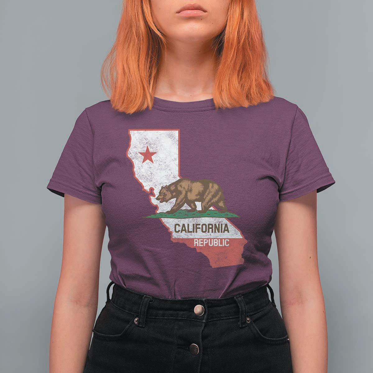 California Republic Cali Map Flag Distressed Style T Shirt For Women