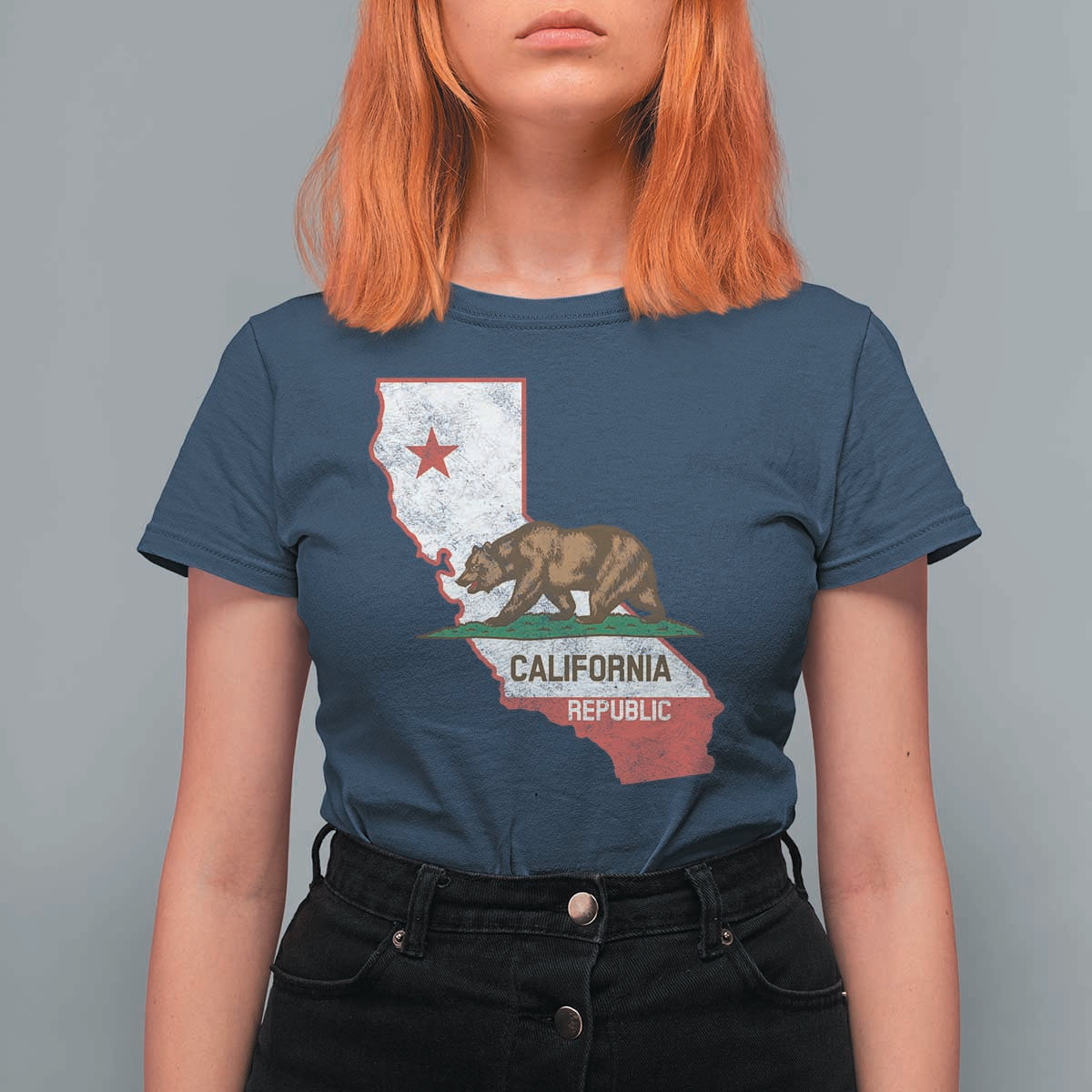 California Republic Cali Map Flag Distressed Style T Shirt For Women