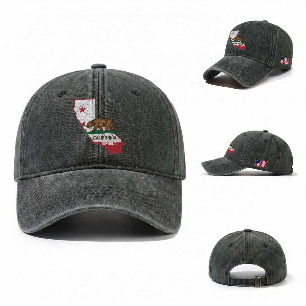 California Republic Cali Map Flag Distressed Style Washed Cotton Baseball Cap