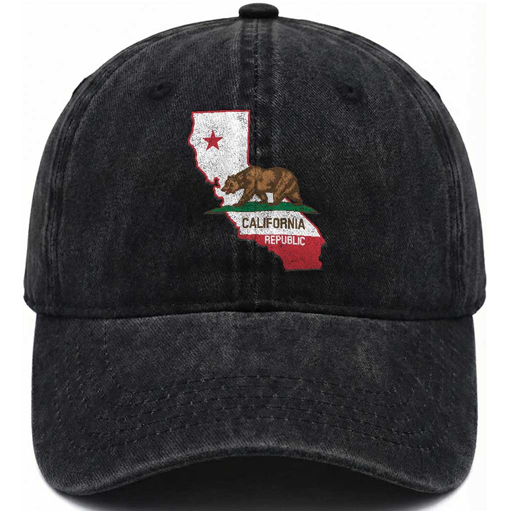 California Republic Cali Map Flag Distressed Style Washed Cotton Baseball Cap