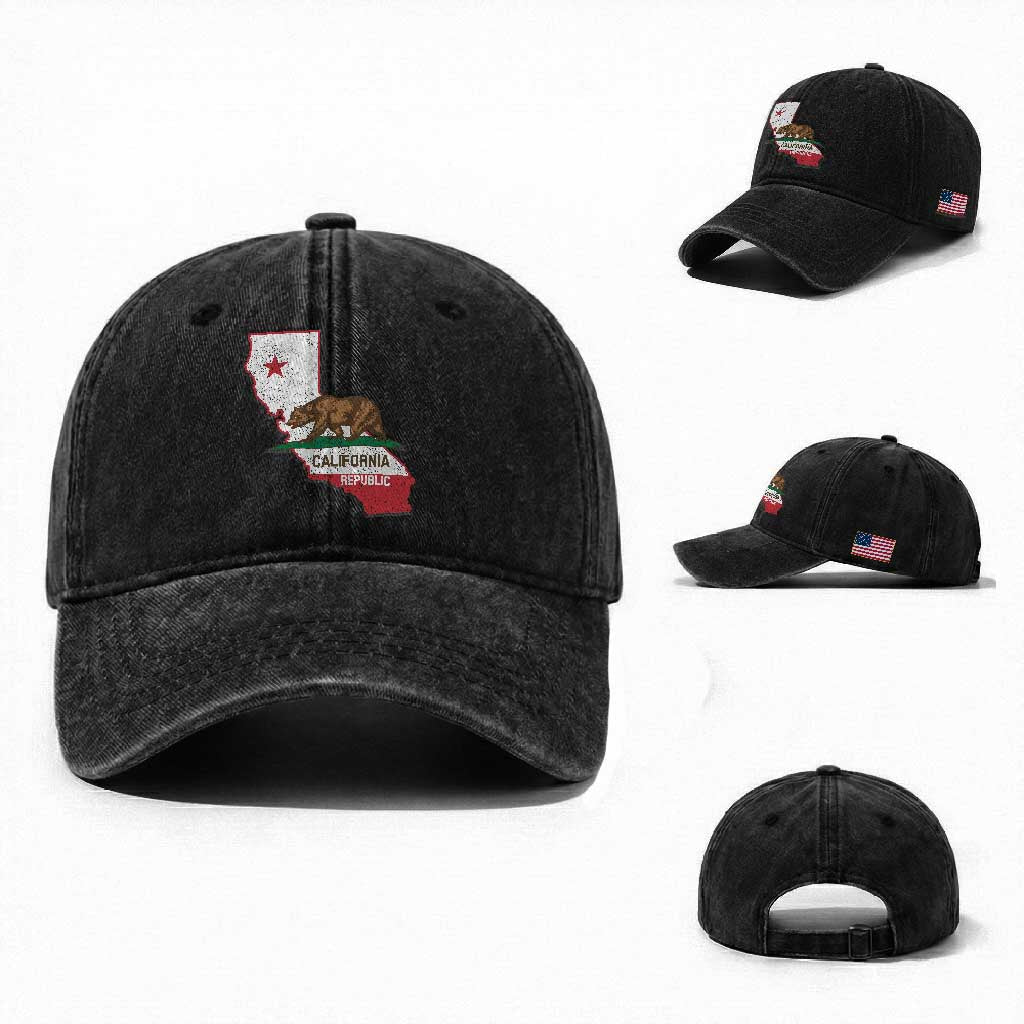 California Republic Cali Map Flag Distressed Style Washed Cotton Baseball Cap