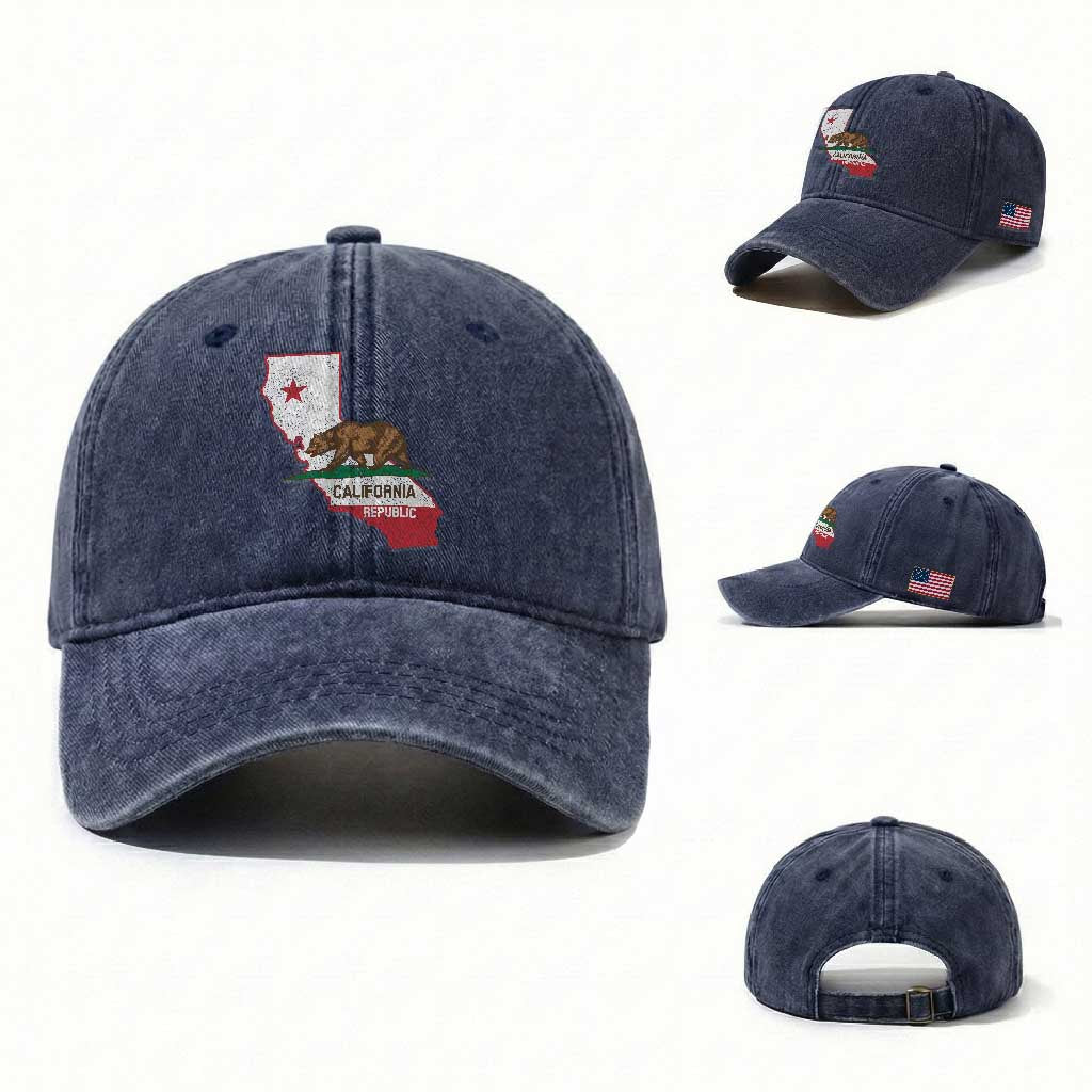 California Republic Cali Map Flag Distressed Style Washed Cotton Baseball Cap