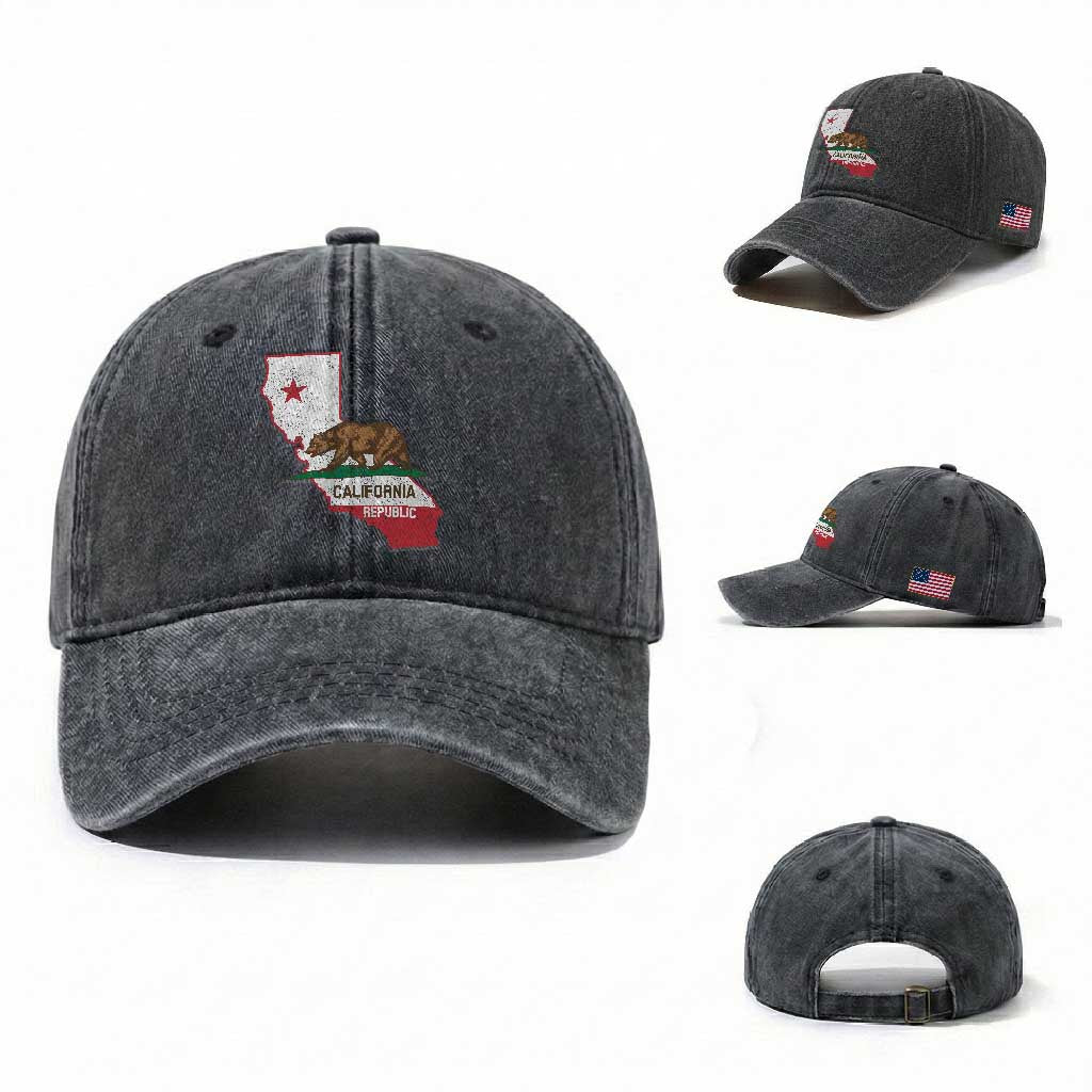 California Republic Cali Map Flag Distressed Style Washed Cotton Baseball Cap