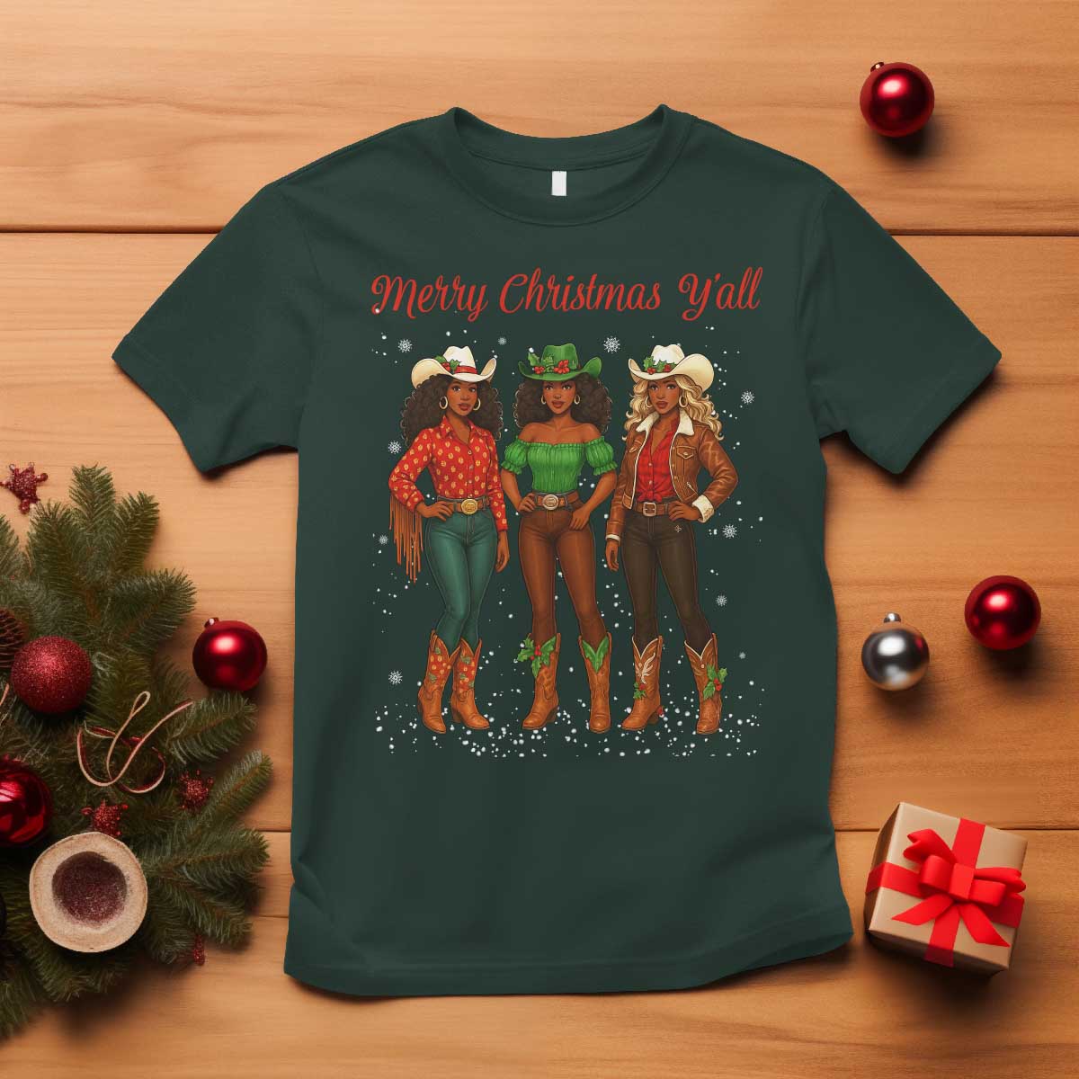 Black African American Cowgirl Christmas T Shirt Retro Western Howdy - Wonder Print Shop