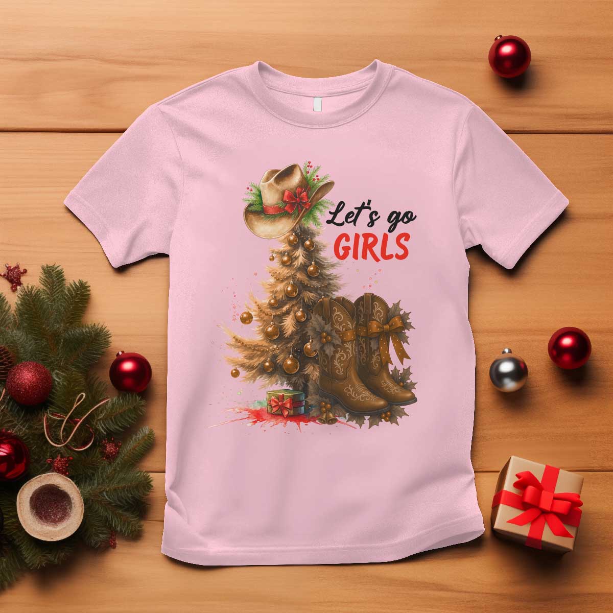 Christmas Cowgirl Boots T Shirt Western Cowboy Hat Howdy - Wonder Print Shop
