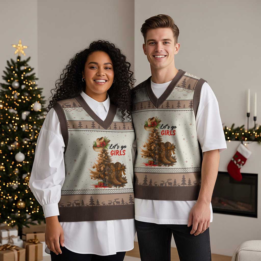 Xmas Cowgirl Boots V-Neck Knit Sweater Vest Western Cowboy Hat Howdy - Wonder Print Shop