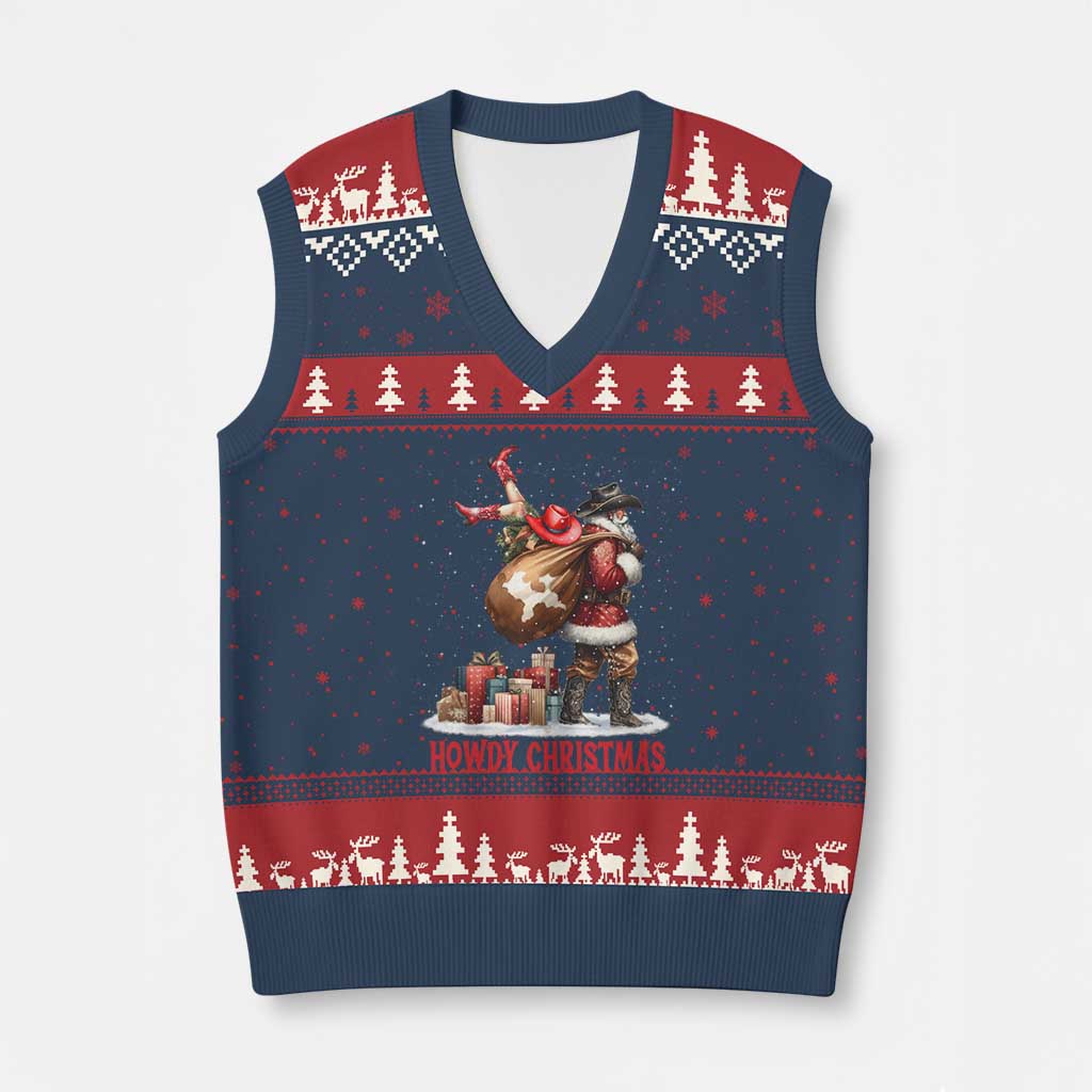 Cowboy Santa Xmas V-Neck Knit Sweater Vest Funny Western Xmas - Wonder Print Shop