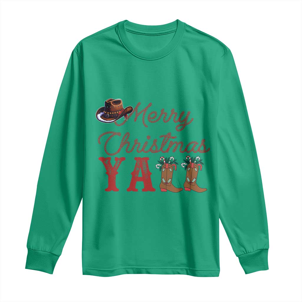 Western Cowboy Howdy Long Sleeve Shirt Merry Christmas Yall Cowgirl Boots Hat - Wonder Print Shop