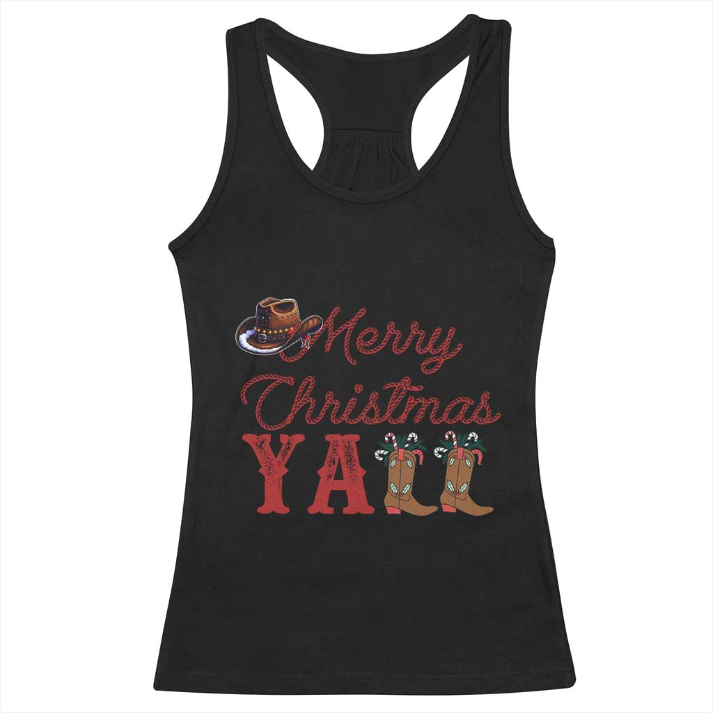 Western Cowboy Howdy Racerback Tank Top Merry Christmas Yall Cowgirl Boots Hat - Wonder Print Shop