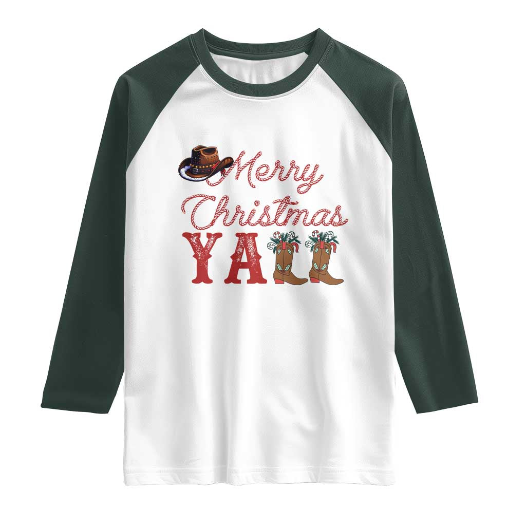 Western Cowboy Howdy Raglan Shirt Merry Christmas Yall Cowgirl Boots Hat - Wonder Print Shop