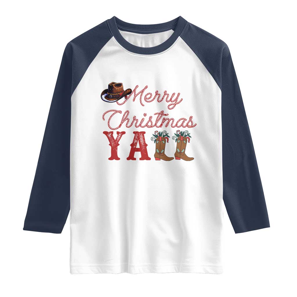 Western Cowboy Howdy Raglan Shirt Merry Christmas Yall Cowgirl Boots Hat - Wonder Print Shop