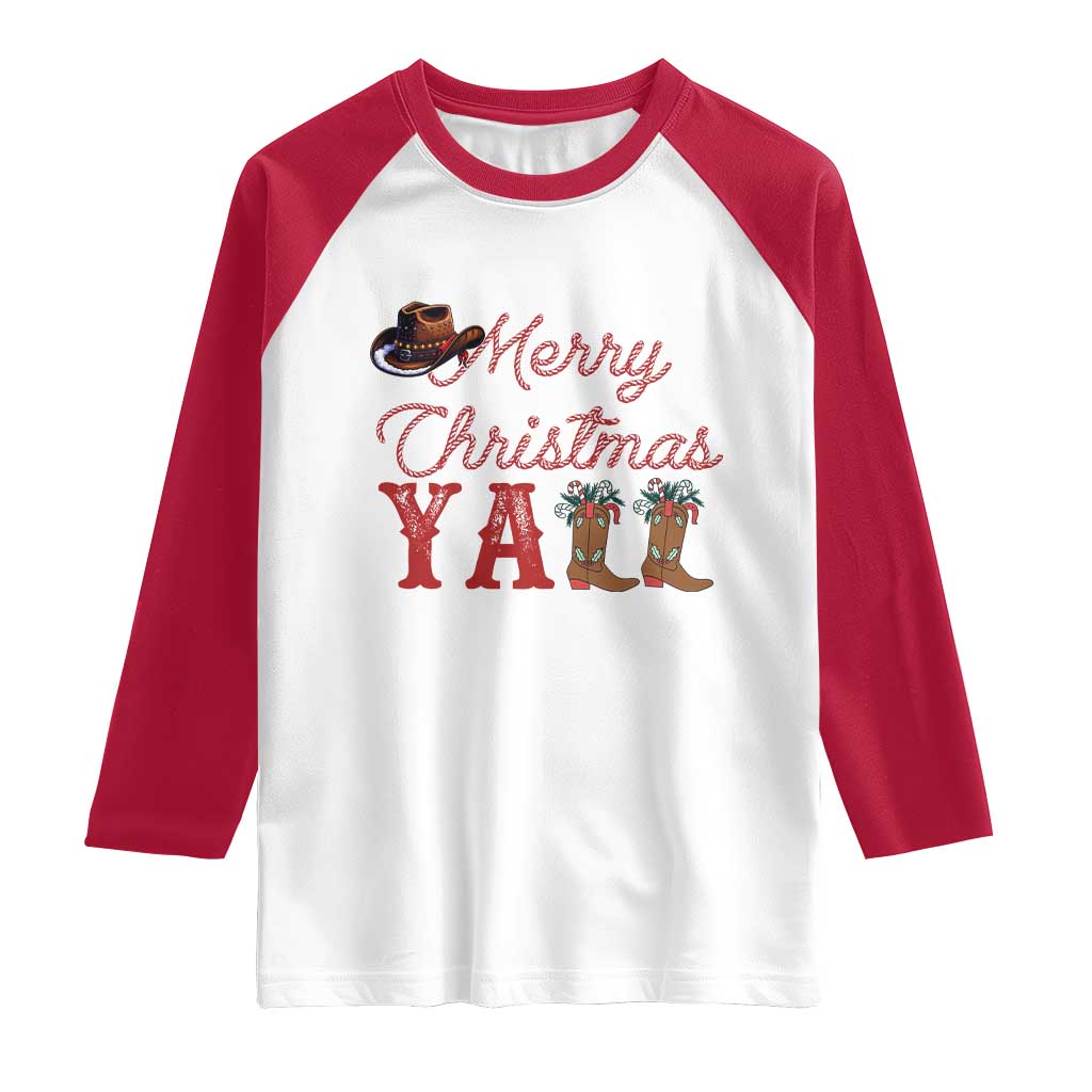 Western Cowboy Howdy Raglan Shirt Merry Christmas Yall Cowgirl Boots Hat - Wonder Print Shop