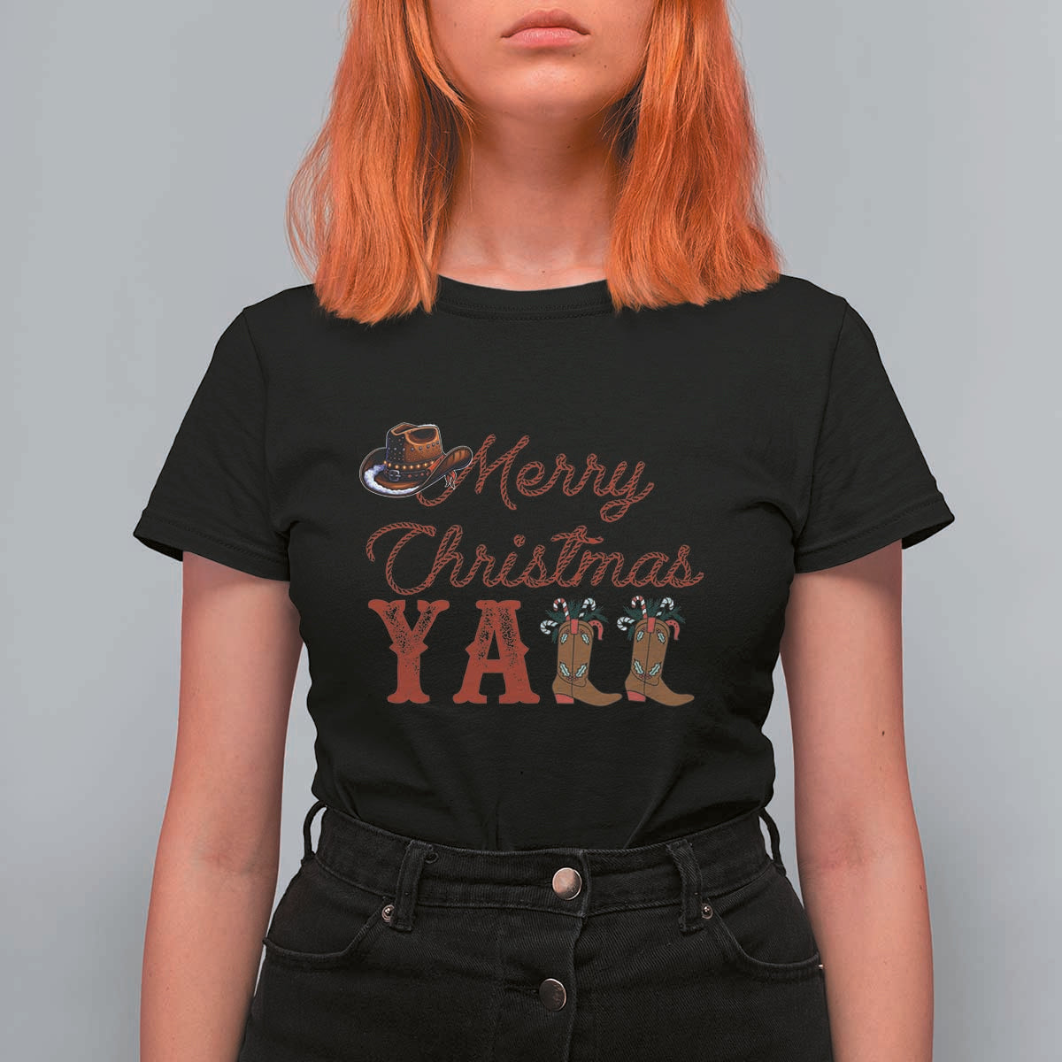 Western Cowboy Howdy T Shirt For Women Merry Christmas Yall Cowgirl Boots Hat - Wonder Print Shop