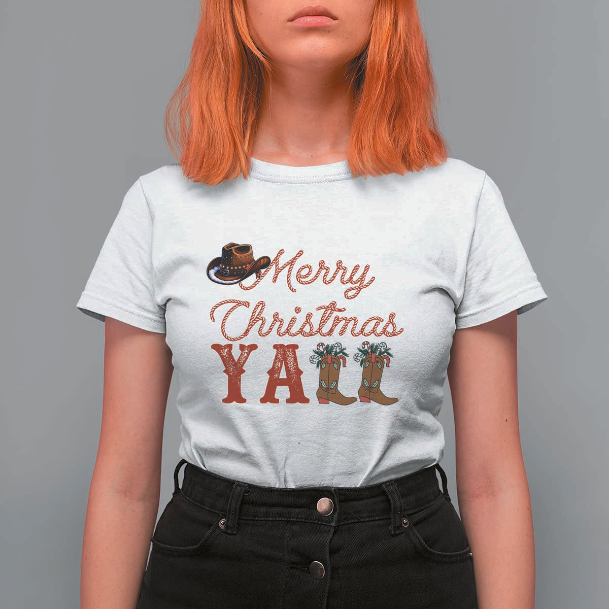 Western Cowboy Howdy T Shirt For Women Merry Christmas Yall Cowgirl Boots Hat - Wonder Print Shop
