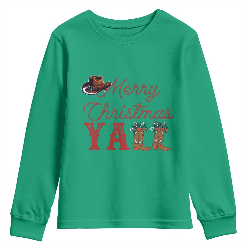 Western Cowboy Howdy Youth Sweatshirt Merry Christmas Yall Cowgirl Boots Hat - Wonder Print Shop