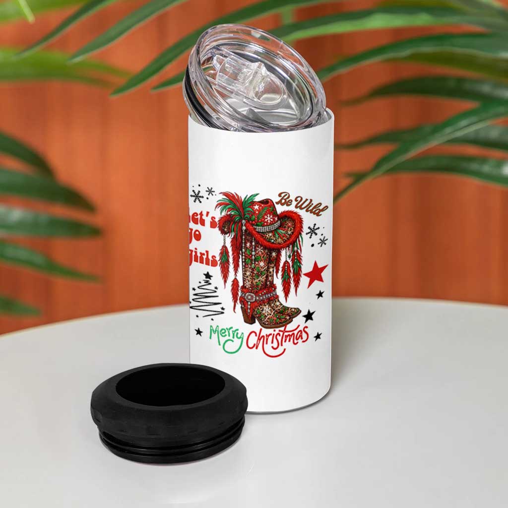 Let Us Go Girls 4 in 1 Can Cooler Tumbler Christmas Cowgirl Boots - Wonder Print Shop