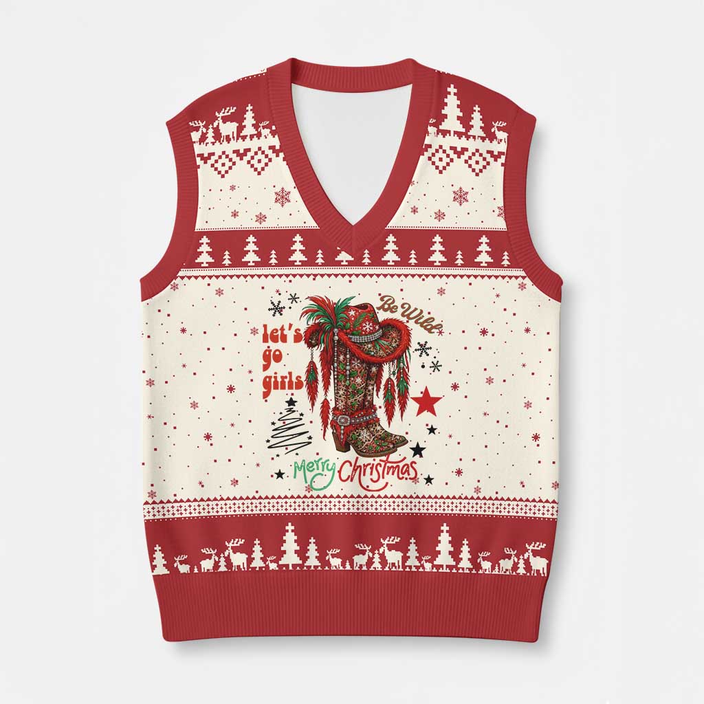 Let Us Go Girls V-Neck Knit Sweater Vest Xmas Cowgirl Boots - Wonder Print Shop