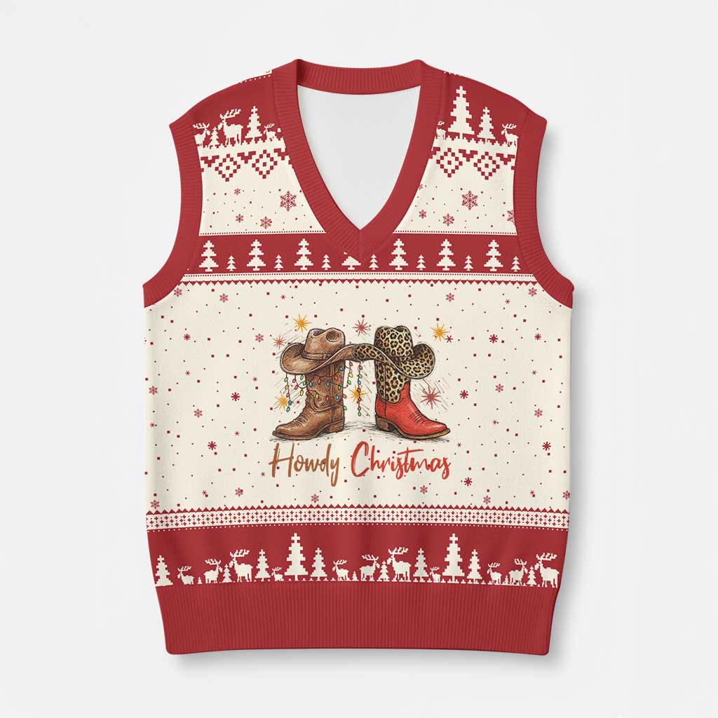Howdy Xmas V-Neck Knit Sweater Vest Western Cowboy Boots Country - Wonder Print Shop