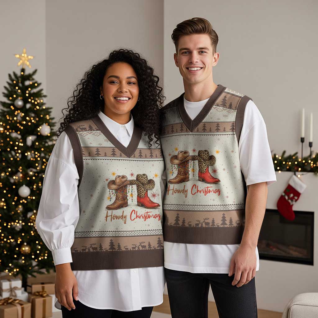 Howdy Xmas V-Neck Knit Sweater Vest Western Cowboy Boots Country - Wonder Print Shop