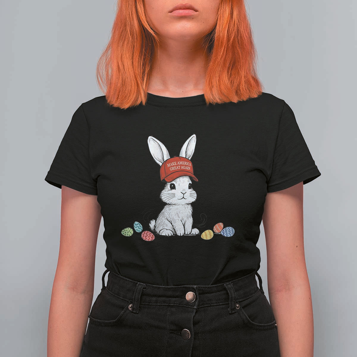 Funny Easter Bunny Wearing Hat American T Shirt For Women