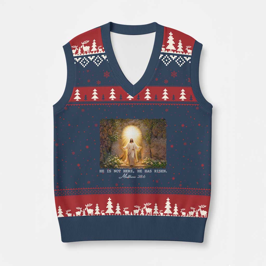 He Is Not Here He Has Risen V-Neck Knit Sweater Vest Easter Christian Jesus