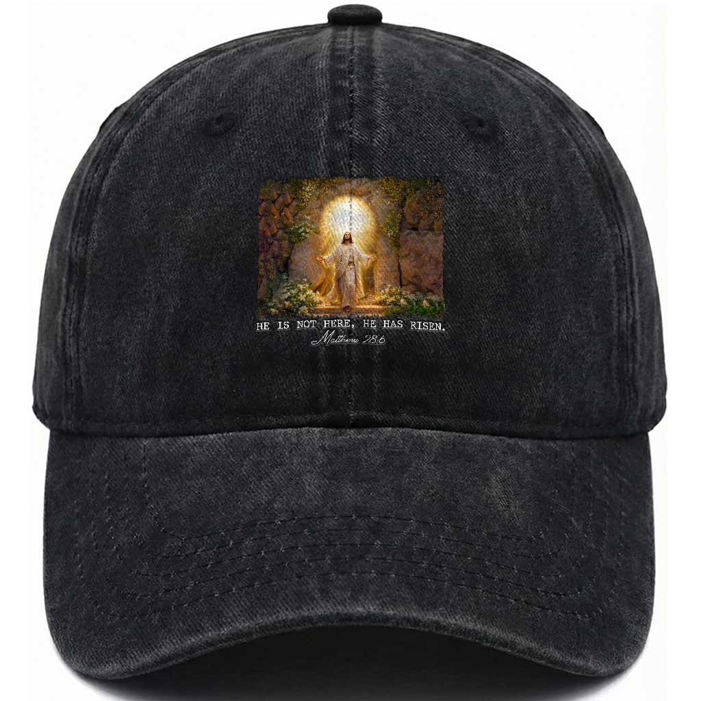 He Is Not Here He Has Risen Washed Cotton Baseball Cap Easter Christian Jesus