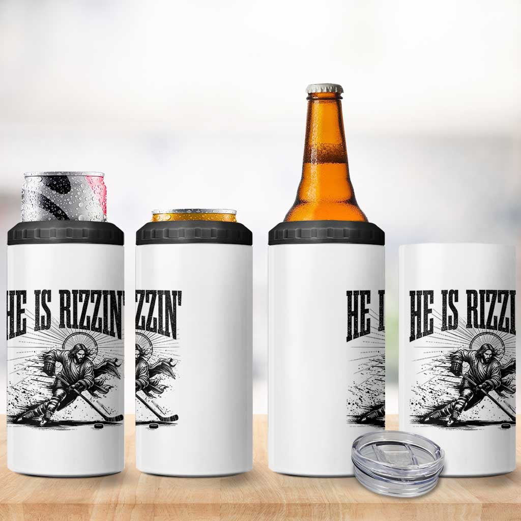 Funny Jesus Hockey 4 in 1 Can Cooler Tumbler He Is Rizzin'