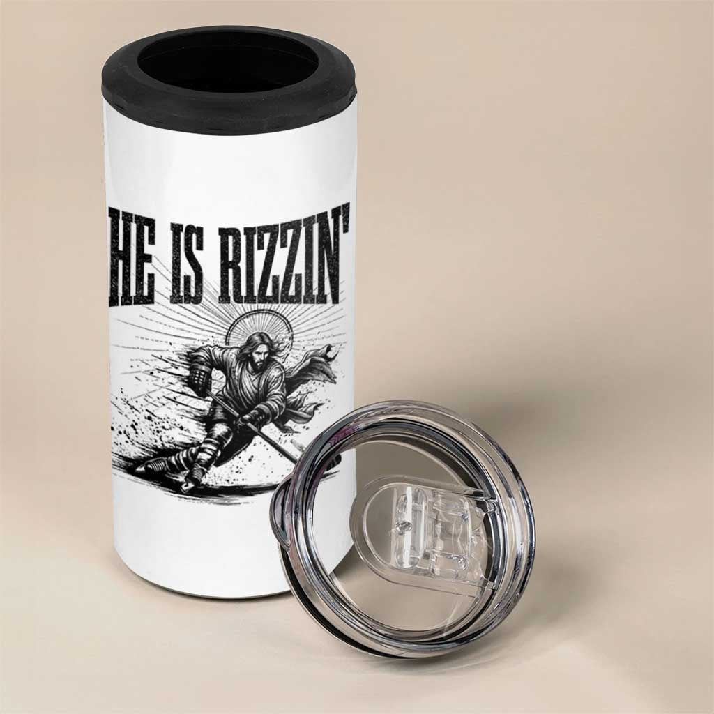 Funny Jesus Hockey 4 in 1 Can Cooler Tumbler He Is Rizzin'