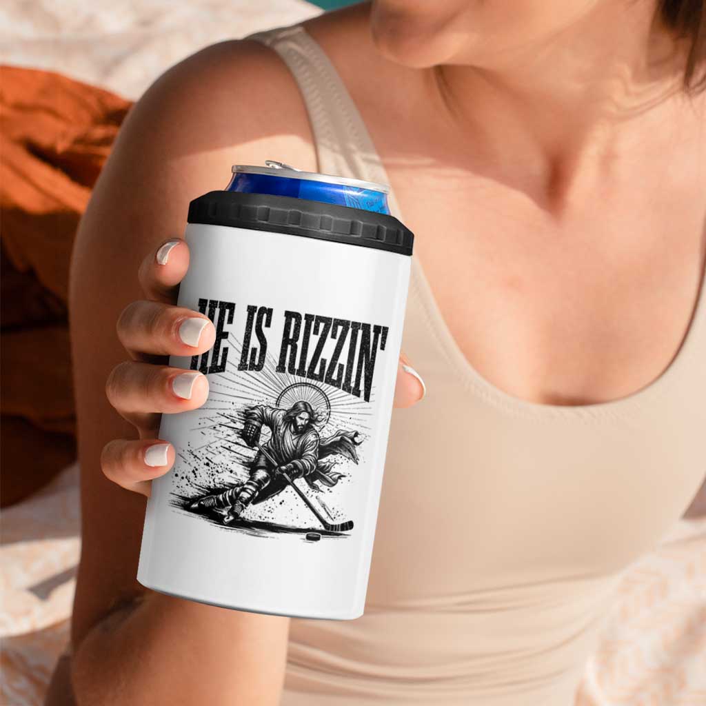 Funny Jesus Hockey 4 in 1 Can Cooler Tumbler He Is Rizzin'