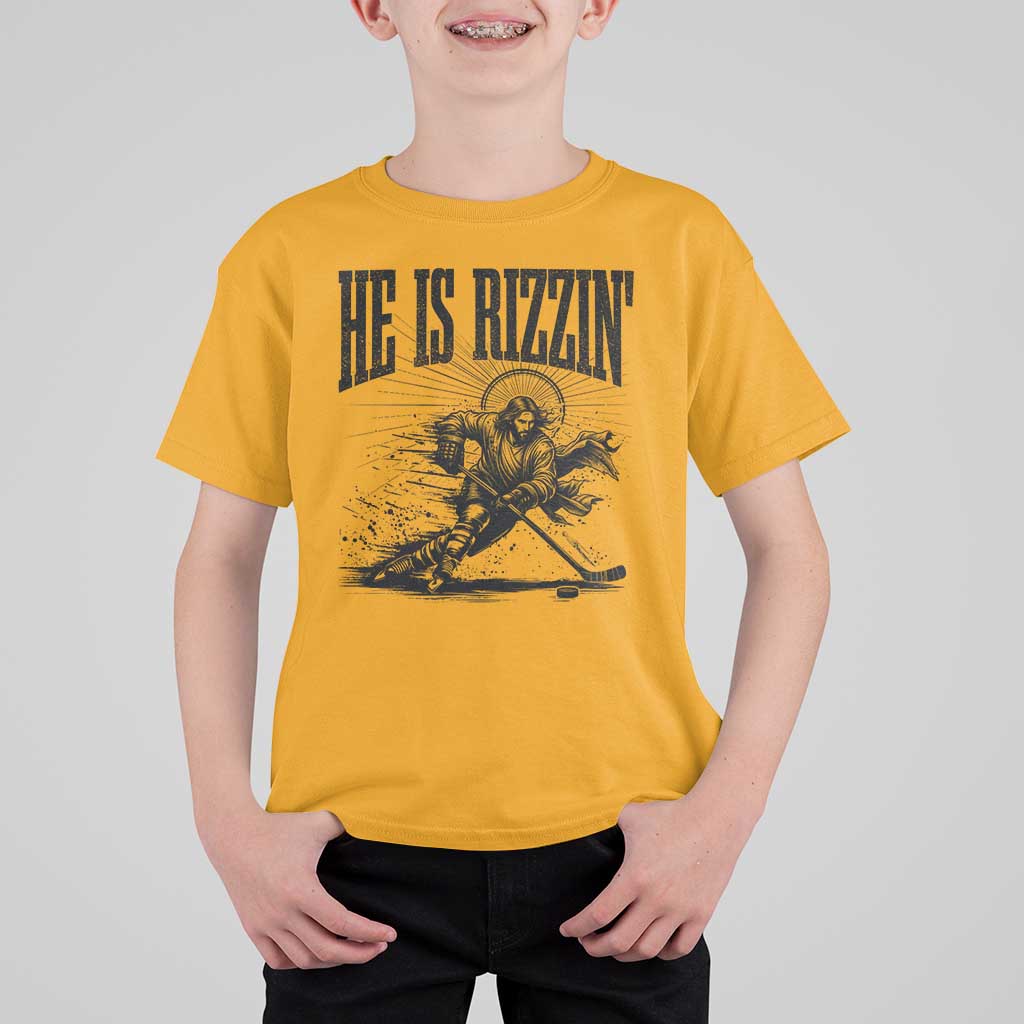 Funny Jesus Hockey T Shirt For Kid He Is Rizzin'