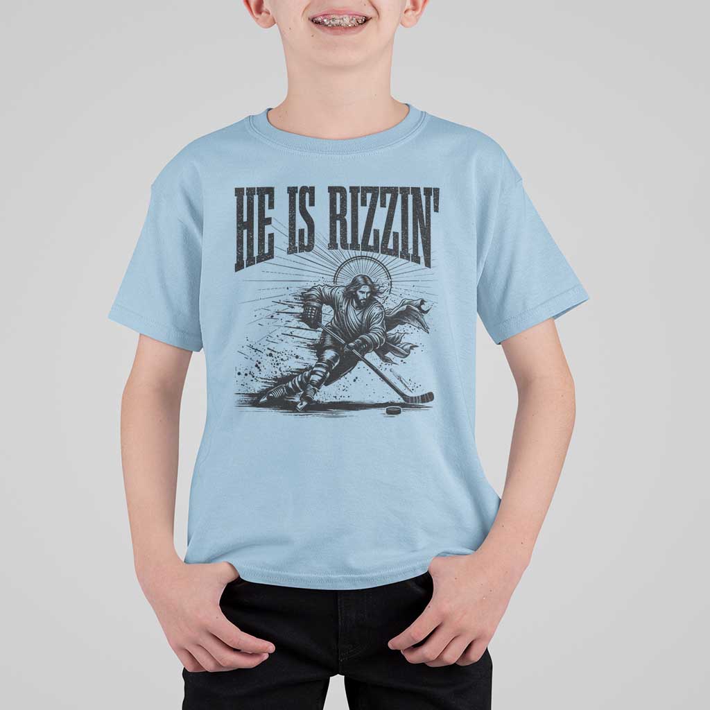 Funny Jesus Hockey T Shirt For Kid He Is Rizzin'