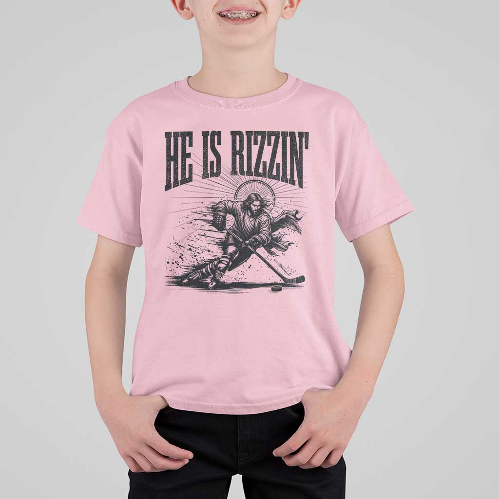 Funny Jesus Hockey T Shirt For Kid He Is Rizzin'