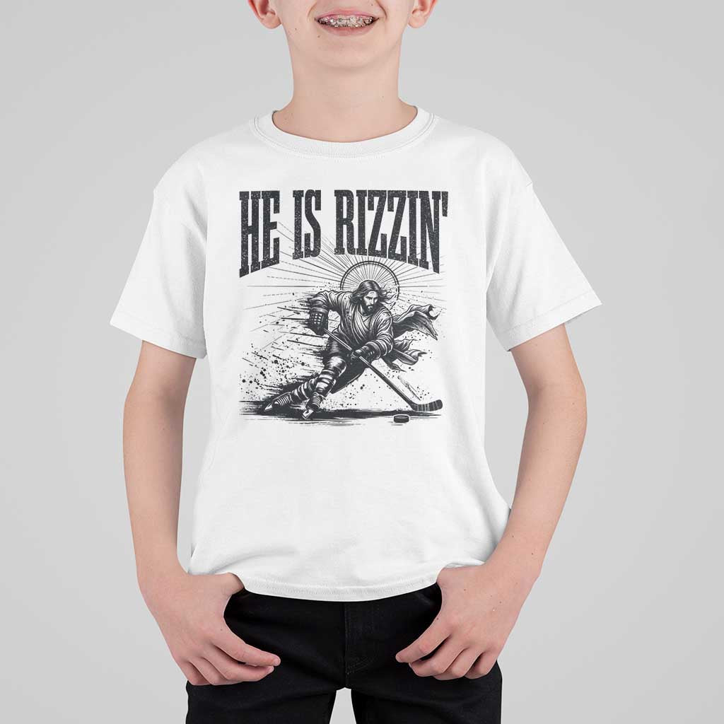 Funny Jesus Hockey T Shirt For Kid He Is Rizzin'