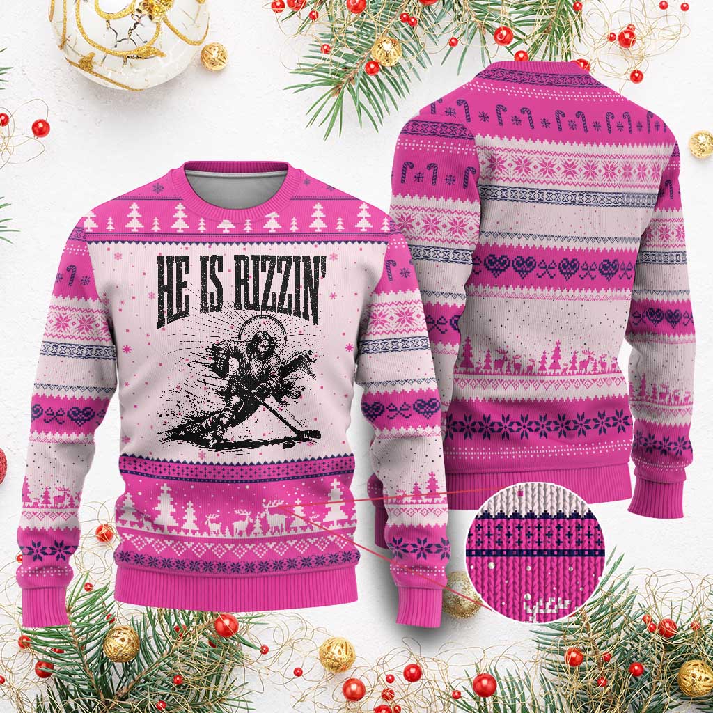 Funny Jesus Hockey Ugly Christmas Sweater He Is Rizzin'