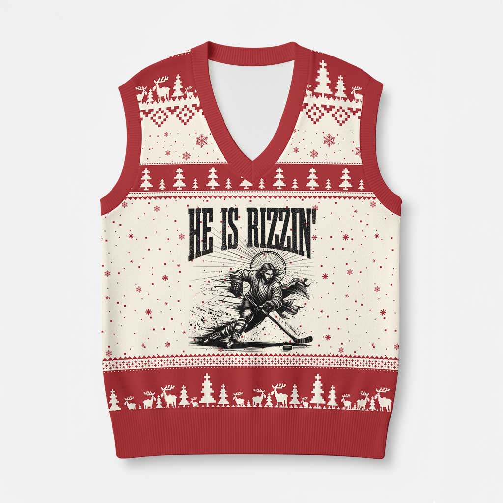 Funny Jesus Hockey V-Neck Knit Sweater Vest He Is Rizzin'
