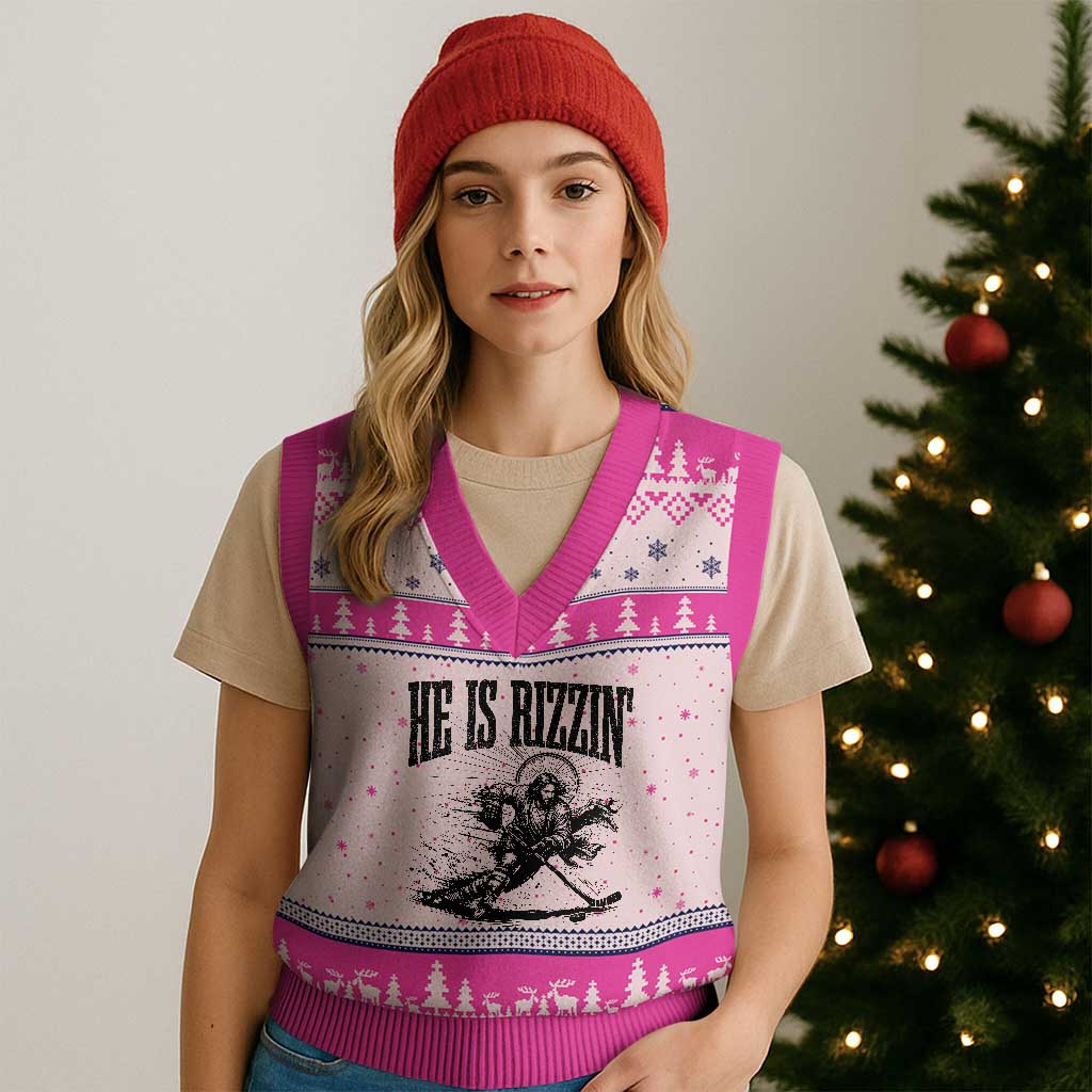 Funny Jesus Hockey V-Neck Knit Sweater Vest He Is Rizzin'