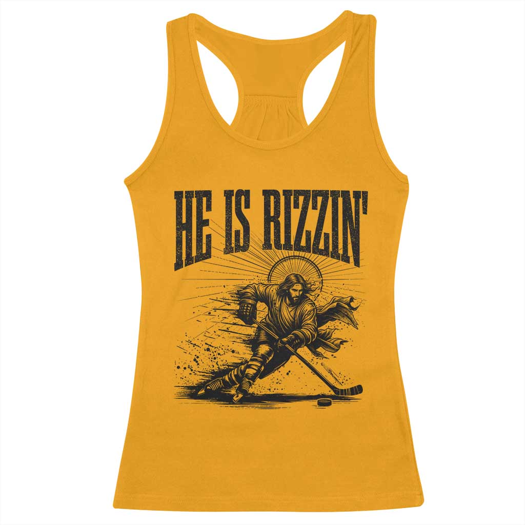 Funny Jesus Hockey Racerback Tank Top He Is Rizzin'