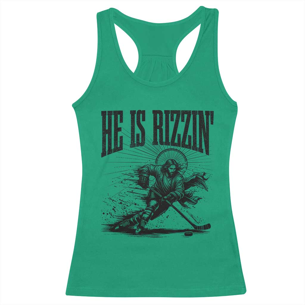 Funny Jesus Hockey Racerback Tank Top He Is Rizzin'