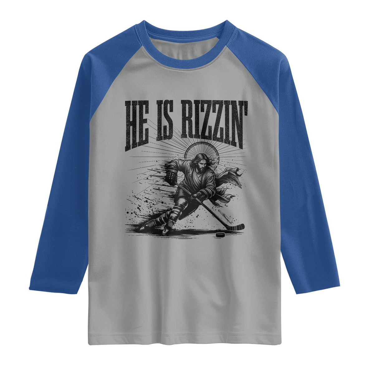 Funny Jesus Hockey Raglan Shirt He Is Rizzin'