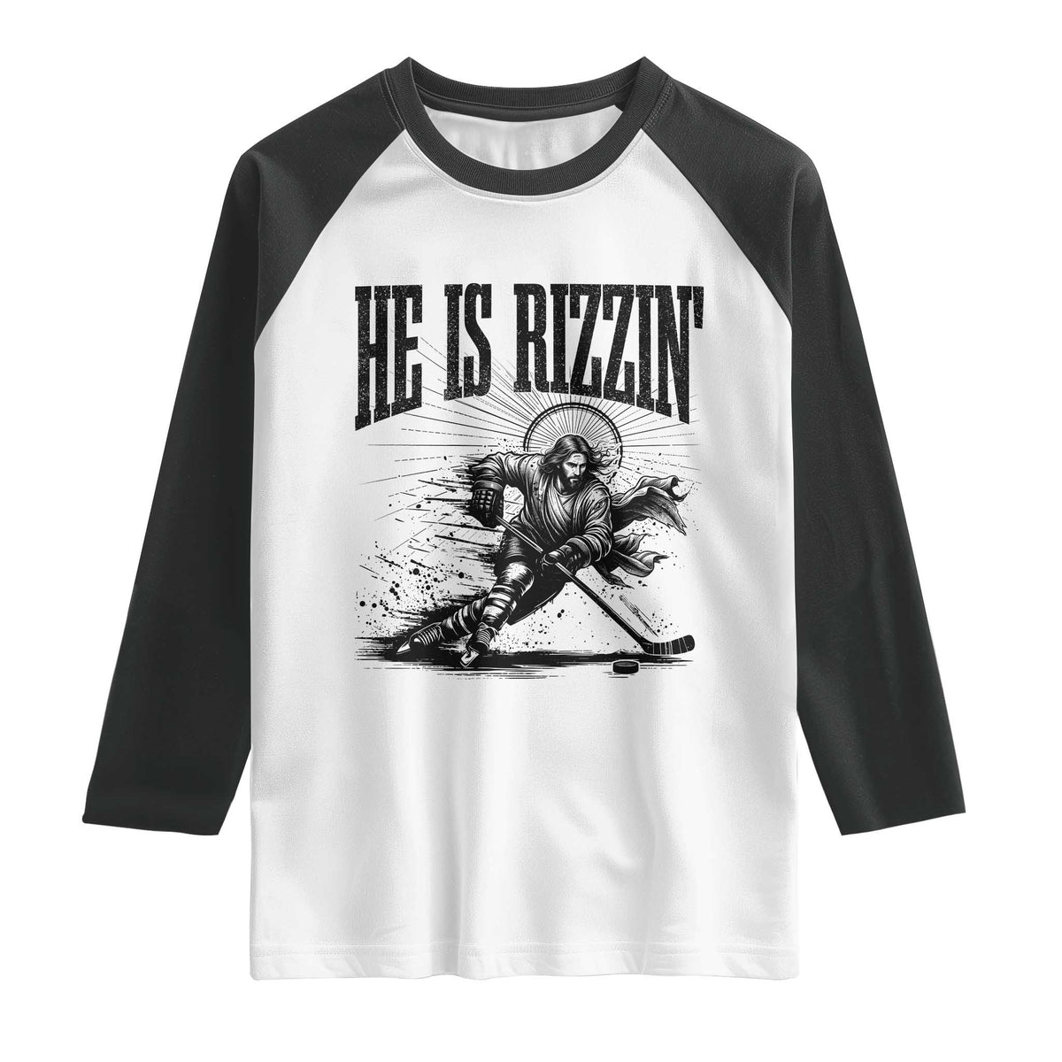 Funny Jesus Hockey Raglan Shirt He Is Rizzin'