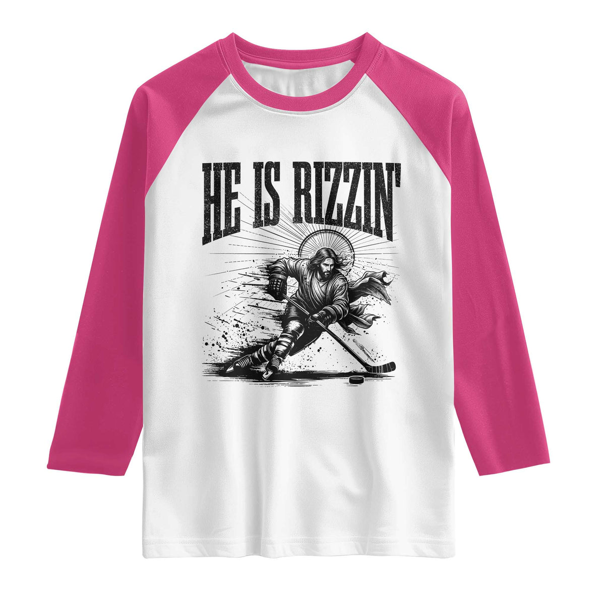 Funny Jesus Hockey Raglan Shirt He Is Rizzin'