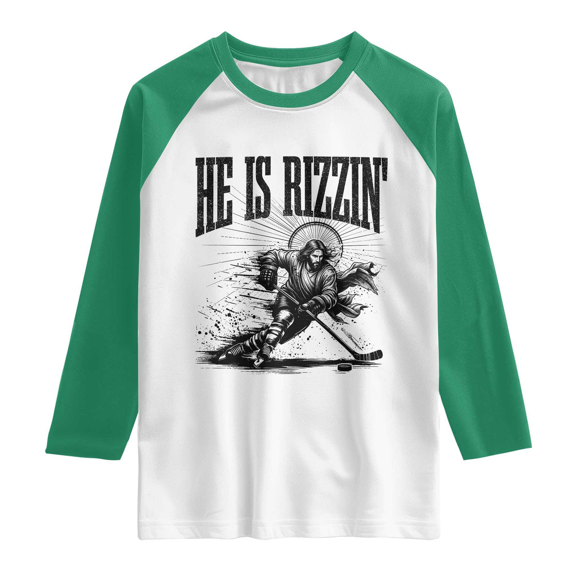 Funny Jesus Hockey Raglan Shirt He Is Rizzin'
