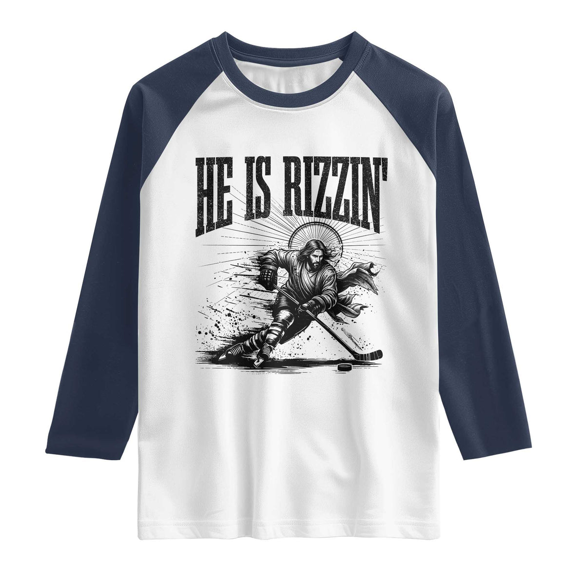 Funny Jesus Hockey Raglan Shirt He Is Rizzin'