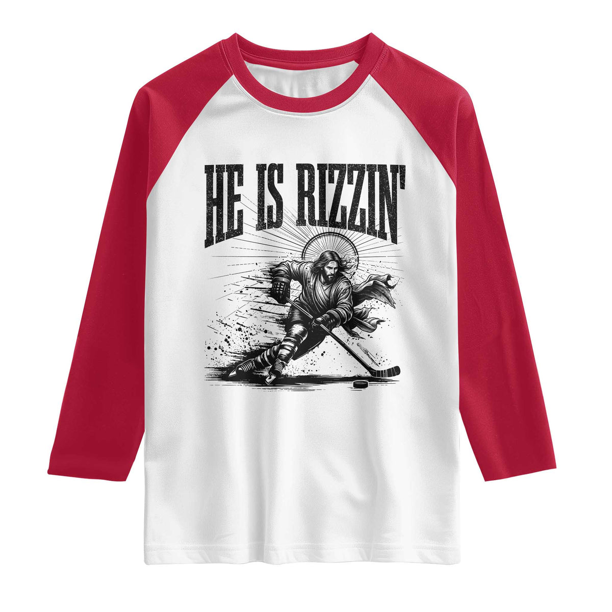 Funny Jesus Hockey Raglan Shirt He Is Rizzin'