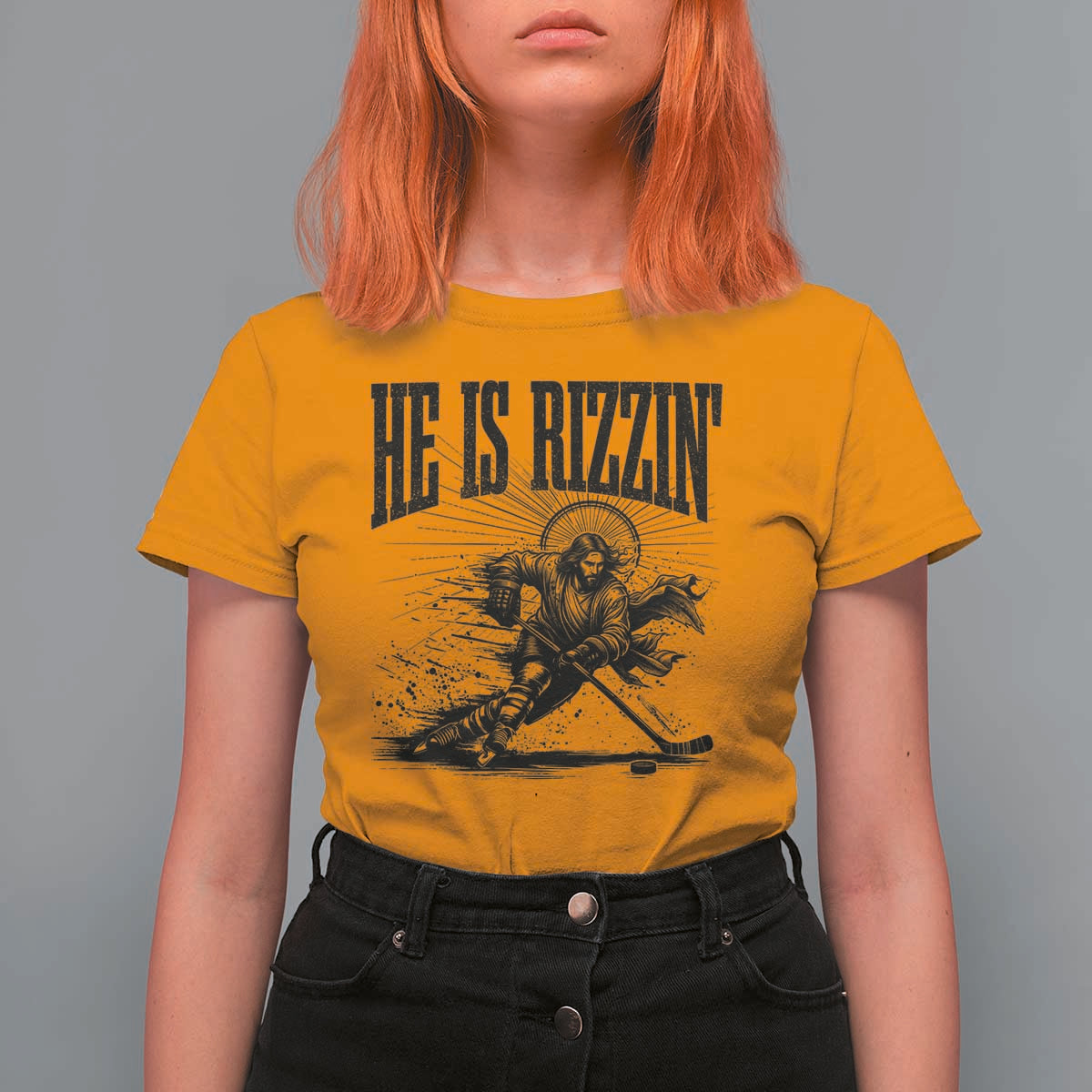 Funny Jesus Hockey T Shirt For Women He Is Rizzin'