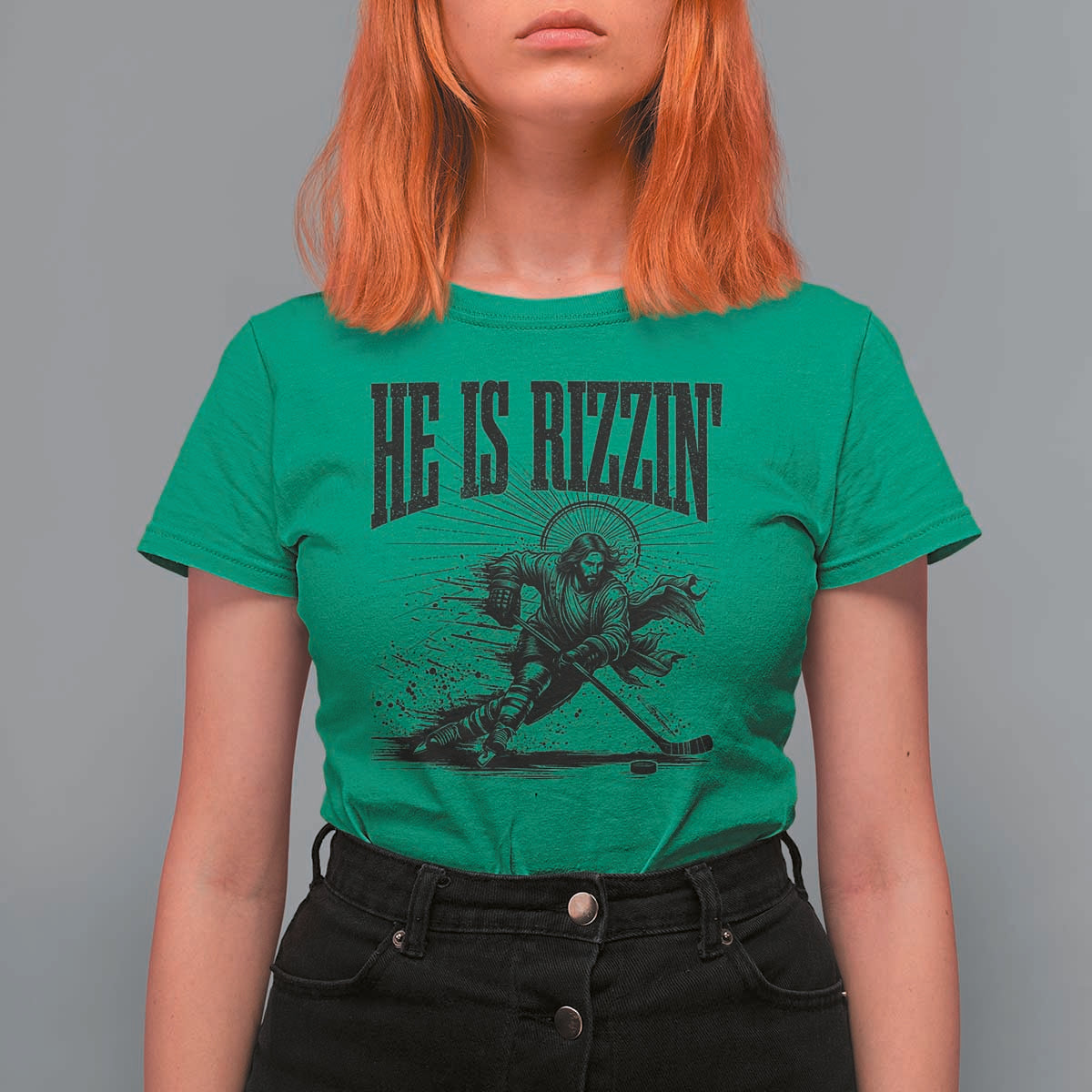Funny Jesus Hockey T Shirt For Women He Is Rizzin'