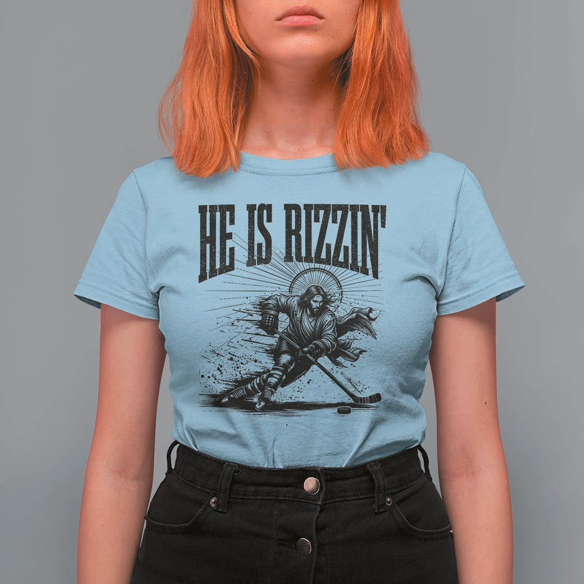 Funny Jesus Hockey T Shirt For Women He Is Rizzin'