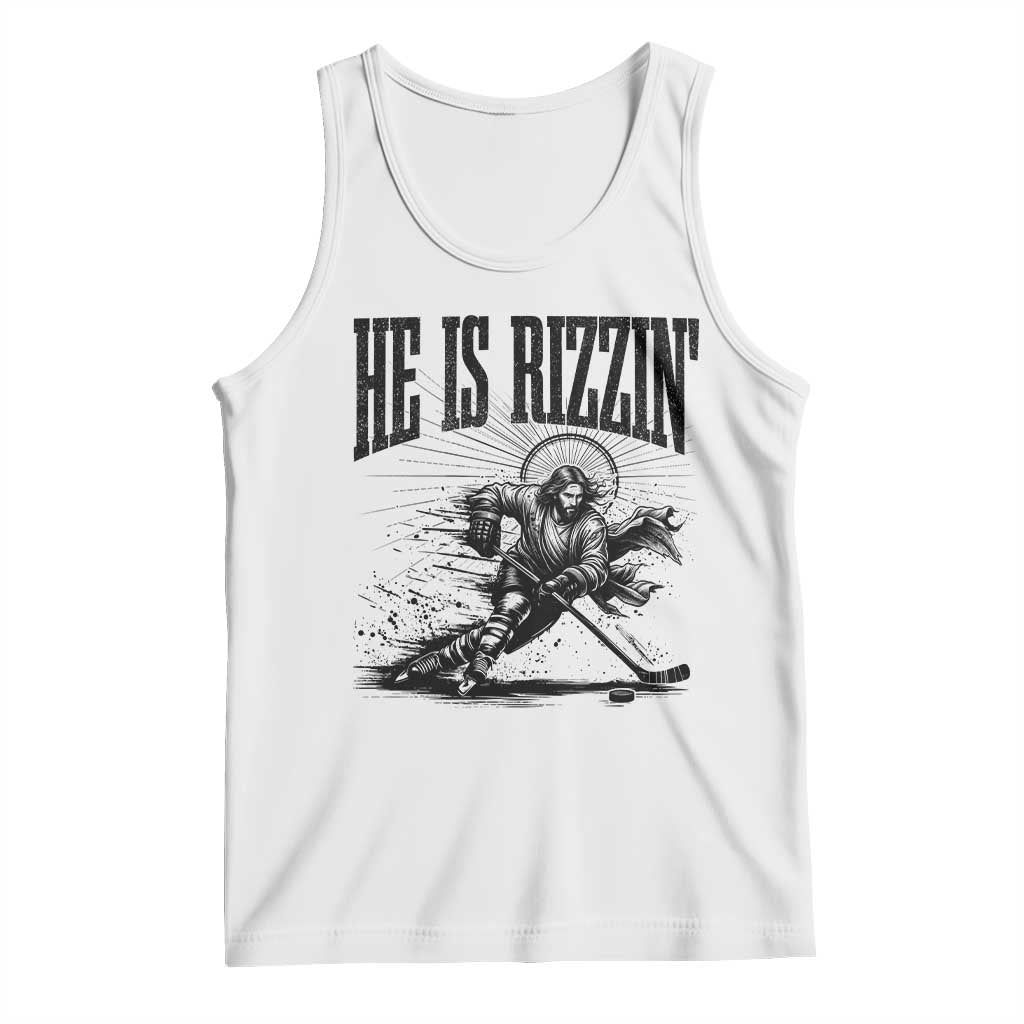 Funny Jesus Hockey Tank Top He Is Rizzin'